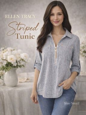 Ellen Tracy Striped Half Zip Blouse Tunic Roll Tab Sleeve Lightweight Top S